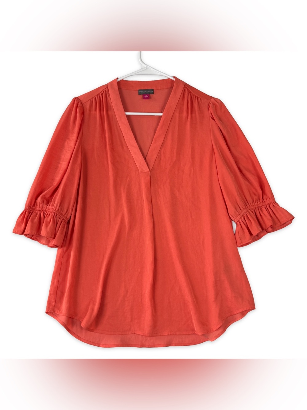 Vince Camuto Blouse Womens M Medium 3/4 Ruffled Sleeves Coral Orange V Neck